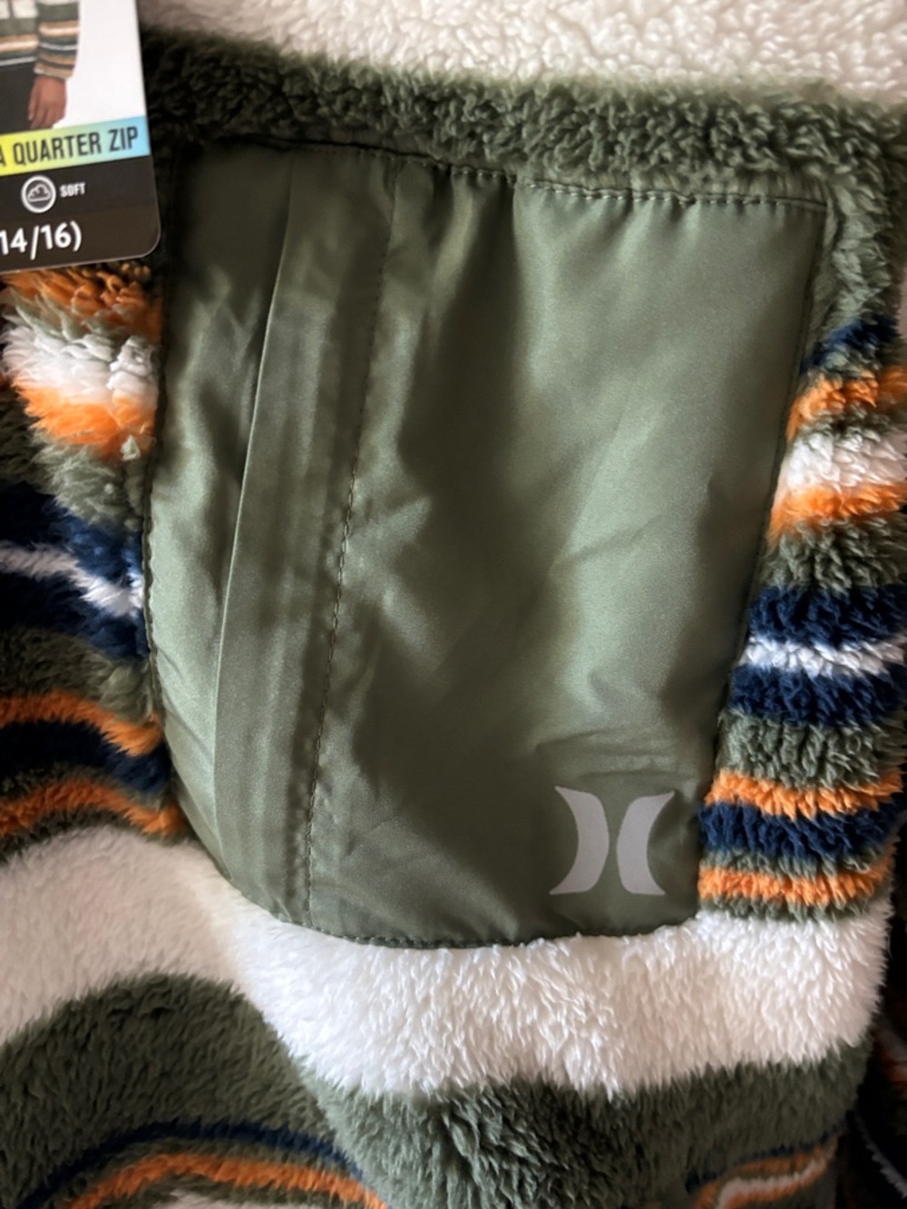 Hurley Boys Striped Sherpa Quarter-Zip Pullover - Olive, Navy, White, Orange - Picture 4 of 5
